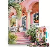 Pink House Watercolor with Tropical Plants 1000 Pieces Jigsaw Puzzles for Teenagers Enhance Memory Easy Leisure Firm Cut Wall Art Decor (38x26cm)