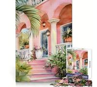 Pink House Watercolor with Tropical Plants 1000 Pieces Jigsaw Puzzles for Teenagers Enhance Memory Easy Leisure Firm Cut Wall Art Decor (38x26cm)