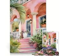 Pink House Watercolor with Tropical Plants 1000 Pieces Jigsaw Puzzles for Teenagers Solid Logic Toy Peaceful Fun Precision Cut Amazing Present (38x52cm)