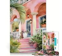 Pink House Watercolor with Tropical Plants 1000 Pieces Jigsaw Puzzles for Teenagers Solid Logic Toy Peaceful Fun Precision Cut Amazing Present (38x52cm)