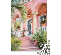 Pink House Watercolor with Tropical Plants Jigsaw Puzzle, 1000 Piece