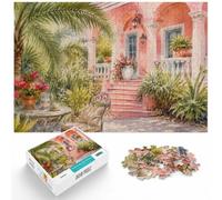 Pink House Watercolor with Tropical Plants Jigsaw Puzzle, 1000 Piece