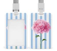Pink Hydrangea Flower Vertical Blue White Stripes ID Badge Holder Retractable Clip Card Holder Card Protector Name Badge Name Tag for Work Office Doctor Nurse