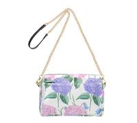 Pink Hydrangeas Bluebells White Womens Purse Cross Body Bags Cell Phone Bag Cute PU Leather Shoulder Bag with Chain Strap