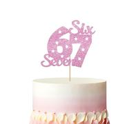 Pink I was 6 Now I'm 7 Cake Topper, Funny Six Seven Meme Cake Decor, Pink Glitter Gen z Slang Cake Topper for Girl Birthday, Funny 7th Birthday Party Decoration