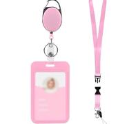 Pink ID Badge Holder Vertical Name Tag Protector Plastic Work Badge Sleeve Cute Photo Key Card Holder Retractable ID Tag Reels Case with Lanyard for Office School