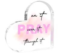 Pink Inspirational Decor Pray Over It Bible Verse Wall Art Christian Gifts for Women,Heart Shaped Acrylic Sign Office Desk Accessories, Pink Dorm Room Decoration for Women - Pray on it Pray through it