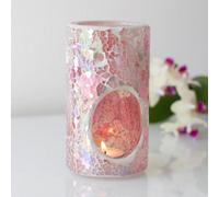 Pink Iridescent Glass Pillar Shaped Oil, Wax Melt Burner. Mirrored Crackle Effect. H14.5 Cm