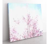 Pink Japanese Cherry Tree in Spring in Abstract Modern Canvas Wall Art Print Ready to Hang, Framed Picture for Living Room Bedroom Home Office Décor, 35x35 cm (14x14 Inch)