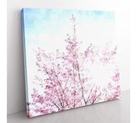 Pink Japanese Cherry Tree in Spring Painting Modern Canvas Wall Art Print Ready to Hang, Framed Picture for Living Room Bedroom Home Office Décor, 35x35 cm (14x14 Inch)