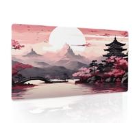 Pink Japanese Sakura Gaming Mouse Pad Large XL Cherry Blossom Tower Mountain Landscape Extended Desk Mat Big Mousepad Non-Slip Rubber Base Stitched Edge Long Desk Pad for Computer,24x14 in,60x35cm