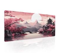 Pink Japanese Sakura Gaming Mouse Pad XL Cherry Blossom Tower Mountain Landscape Extended Large Desk Mat Big Mousepad Non-Slip Rubber Base Stitched Edge Long Desk Pad for Computer Gamer,31.5×11.8 in