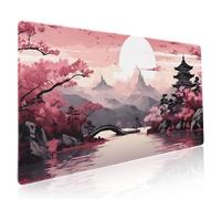 Pink Japanese Sakura Gaming Mouse Pad XXL Cherry Blossom Tower Mountain Landscape Big Extended Large Desk Mat Non-Slip Rubber Base Stitched Edge Long Mousepad for Computer Gamer, 35.4 x 15.7 in