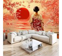 Pink Japanese Style Wallpaper Murals, Flowers Sun Geisha Wallpaper 400 x 280 cm Wall Paper Roll for Home Decoration DIY Living Room Bedroom Adults Teenager Feature Wall