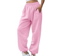 Pink Jogging Bottoms for Women Adjustable Cuffed Trousers Autumn Winter Warm Long Pants Elastic High Waisted Solid Color Wide Leg Baggy Sweatpants Drawstring Pockets for Casual Gym Outdoor Streetwear