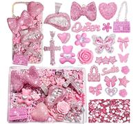 Pink Junk Case Charms Kit,Junks Phone Cases,Large Charm Kit with 3D Rhinestone Cool teeth / lips / Bows / Chain Bags / Hearts / Cross / Flowers,Big Charms for Customizing DIY Cases,Flatback Rhinestone