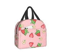Pink Kawaii Strawberry Lunch Boxes, Insulated Lunch Bags with Front Pocket for Women Men, Reusable and Waterproof Cute Lunch Tote Bag for Adult Travel/Picnic/Work
