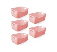 (Pink) KEPLIN 5 Pack Plastic Studio Storage Basket, Portable Container Boxes with Handles for Storage , Shelfs, Drawers, Kitchen & Cupboards