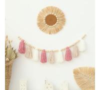 Pink Khaki White Wool Tassel Garland Banner with Wooden Beads Baby Shower High Chair Banner
