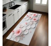Pink Kitchen Rug Geometric honeycomb flowers Non-Slip Runner Mat 50 x 150 cm Rubber Backed Washable Indoor/Outdoor Area Mat Country Decor