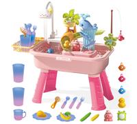 Pink Kitchen Sink & Fishing Platform 2-in-1 Toy Set with Water Supply Function Simulation