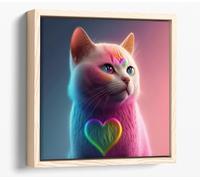 Pink kitty with a rainbow heart Canvas Floater Frame Square Print Picture Art - Light Oak Frame 12 inch wide x 12 inch high