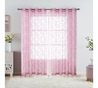 Pink Lace Curtains for Bedroom 108" Farmhouse Rose Floral Embroidery Semi Sheer Curtains Light Filtering European Flowers Lace Sheer Curtain Panels for Apartment/Hotel, Grommet Top, 55" wide, 55"x108"