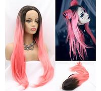 Pink Lace Front Wig with Dark Roots, 13x3 Ombre Pink Synthetic Lace Front Wig Pre plucked with Natural Hairline Party Date Daily Wear Christmas Natural Looking 24 Inch