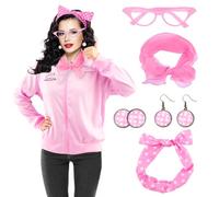 Pink Ladies Jacket, Pink Ladies Fancy Dress for Adults, Pink Lady Grease Costume 1950s Accessories for Women, Cat Eye Glasses, Polka Dot Headband, Silk Scarf Earrings, World Book Day Costumes Adults