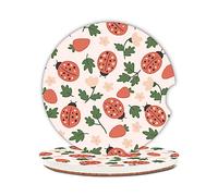 Pink Ladybug Strawberry Car Cup Holder Coasters,Ceramic Absorbent Cup Holders with Finger Notch & Cork Base Car Assecories for Women/Men 2.6"(2 Pieces)