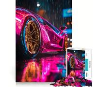 Pink Lamborghini in The Rain 1000 Pieces Jigsaw Puzzles for Teenagers Enhance Memory Easy Leisure Firm Cut Wall Art Decor (38x26cm)