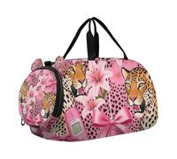 Pink Leopard Bow Y2k Girl's Gym Duffel Bag with Shoes Compartment Lightweight Weekender Overnight Range Bag for Travel, Swimming, Dance, Ballet