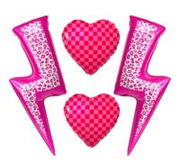 Pink Leopard Lightning Bolt and Pink Fuchsia Checkered Heart Foil Balloons Set,Rock & Love Party Decorations for Girls Birthday, Valentine’s Day, Bachelorette, Rock Star Theme,Edgy Galm Party Decor