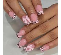 Pink Leopard Print French Tip Press-On Nails Short Square Full Coverage Acrylic Artificial Nails with 3D Bow Accent - 24PCS Set for Women Girls DIY Manicure Fashionable and Glossy False for Daily