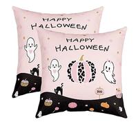 Pink Leopard Pumpink Pillow Covers for Couch Sofa Bed,Cute Ghost Happy Halloween Theme Pillow Cases Cushion Covers 18"x18" for Kids Adults,Wild Cats Colorful Candy Square Cushion Cases Set of 2