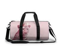 Pink Leopard with A Flower Travel Gym Bag for Women Men Cylindrical Duffle Bag Sport Workout Bag with Shoulder Strap