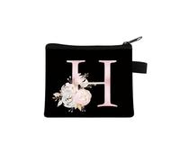 Pink Letter Flower Print Purse Cute Portable Zipper Key Storage Bag Small Fresh Canvas Zippered Children Coin Purse Clutch Bag(H)