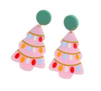 Pink Lights Chirstmas Tree Pastel Xmas Statement Laser Cut Acrylic Big Oversized Gift Dangle Handcrafted Custom Unique Stud Earrings for Pierced Ears, Personalized Fashion Jewelry Studs Jewellery