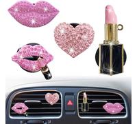 Pink Lips Air Vent Clips, 4 Pcs Sexy Lips Kiss Heart Shape Car Air Fresheners for Women Charms Rhinestone Diffuser Vent Clip Cute Car Decor Bling Car Accessories for Women