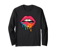Pink Lips Biting Lip with Colorful Dripping Paint Long Sleeve T-Shirt