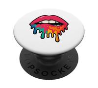 Pink Lips Biting Lip with Colorful Dripping Paint PopSockets Adhesive PopGrip