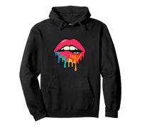 Pink Lips Biting Lip with Colorful Dripping Paint Pullover Hoodie