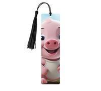 Pink Little Pig Wooden Bookmarks 5 Pcs,Handmade Double-Sided Printed Book Marks Page Markers with Black Tassels Book Accessories Gift for Book Lovers Women Men