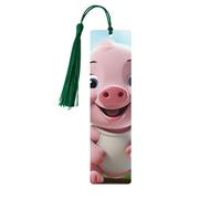 Pink Little Pig Wooden Bookmarks 5 Pcs,Handmade Double-Sided Printed Book Marks Page Markers with Dark Green Tassels Book Accessories Gift for Book Lovers Women Men