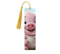 Pink Little Pig Wooden Bookmarks 5 Pcs,Handmade Double-Sided Printed Book Marks Page Markers with Gold Tassels Book Accessories Gift for Book Lovers Women Men
