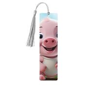 Pink Little Pig Wooden Bookmarks 5 Pcs,Handmade Double-Sided Printed Book Marks Page Markers with Gray Tassels Book Accessories Gift for Book Lovers Women Men