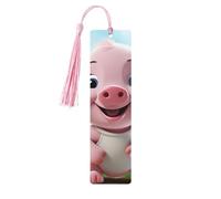 Pink Little Pig Wooden Bookmarks 5 Pcs,Handmade Double-Sided Printed Book Marks Page Markers with Pink Tassels Book Accessories Gift for Book Lovers Women Men