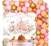 Pink Little Pumpkin 1st Birthday Decorations for Girl, Our Little Pumpkin Is Turning One Backdrop and Balloon Garland Kit for Girls 1st Birthday Fall Autumn Thanksgiving Party Supplies