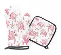 Pink Little Turtles Watercolor Painting Oven Mitts & Pot Holders BBQ Gloves, Heat Resistant Kitchen Oven Gloves Hot Pads for Cooking Baking Grilling