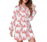 Pink Llama Alpaca Short Robes for Women Long Sleeve Bathrobe Shawl Collar Loungewear Pajamas M